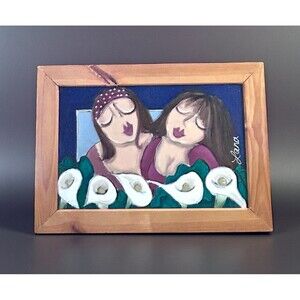 Hand Painted Art Calla Lilies & 2 Girls On Fabric By Lana Vibrant Colors Frame